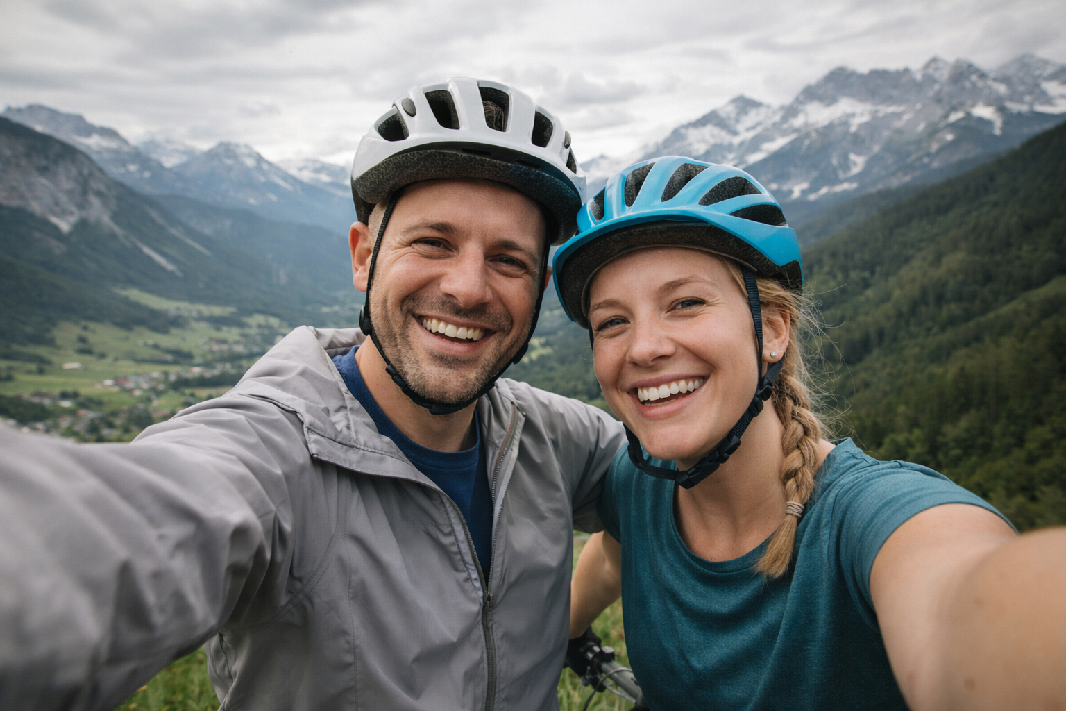 Ein lachendes Paar mit Fahrradhelmen in den Bergen