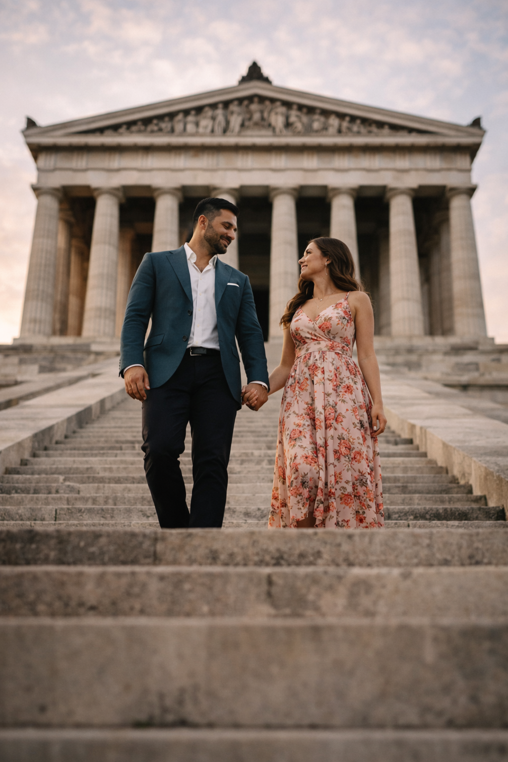 Ein Paar geht Hand in Hand vor der Walhalla die Treppe hinunter